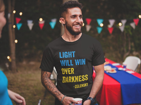 Light Will Win Over Darkness Zelensky Quote Stand With Ukraine Flag Stop War Ukraine Shirts